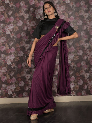 Rajwada Purple Sequins Embroidered Polyester Ruffles Saree with Unstitched Blouse for Women