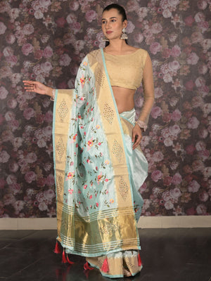 Rajwada Sea Green Woven Cotton Blend Saree With Unstitched Blouse For Women