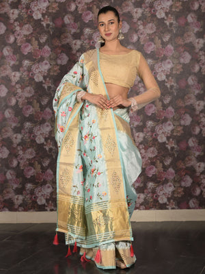 Rajwada Sea Green Woven Cotton Blend Saree With Unstitched Blouse For Women