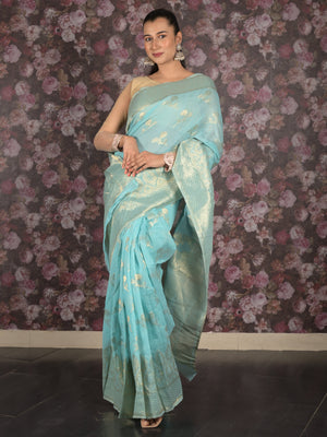 Rajwada Sea Green Silk Blend Saree With Unstitched Blouse For Women