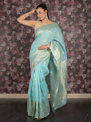 Rajwada Sea Green Silk Blend Saree With Unstitched Blouse For Women