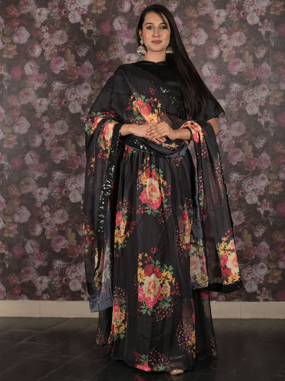 Rajwada Black Printed Semi Stitched Lehenga with Unstitched Blouse And Dupatta For Women