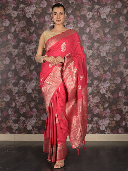 Rajwada Pink Woven Silk Blend Saree With Unstitched Blouse For Women