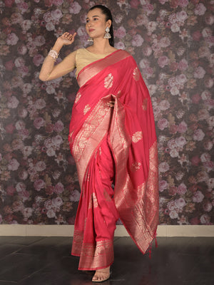 Rajwada Pink Woven Silk Blend Saree With Unstitched Blouse For Women