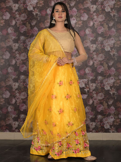 Rajwada Yellow Embroidered Semi Stitched Georgette Lehenga Set With Dupatta And Unstitched Blouse For Women
