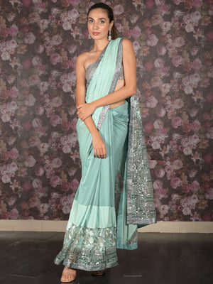 Rajwada Sea Green Embellished Lycra Saree with Unstitched Blouse for Women