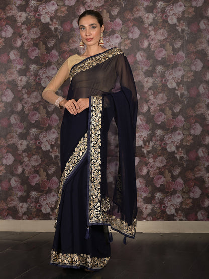 Rajwada Navy Blue Zari Embroidered Georgette Saree with Stitched Blouse for Women