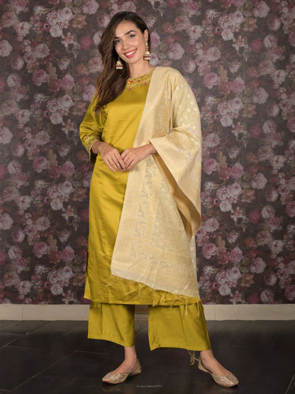 Rajwada Light Olive Sequins Embroidered Cotton Blend Stitched Kurta Set for Women