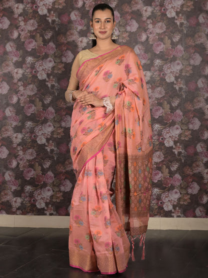 Rajwada Peach Woven Cotton Silk Blend Saree With Unstitched Blouse For Women
