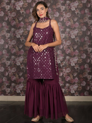 Rajwada Purple Straight Embroidered Stitched Kurta Set With Dupatta For Women