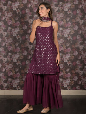 Rajwada Purple Straight Embroidered Stitched Kurta Set With Dupatta For Women