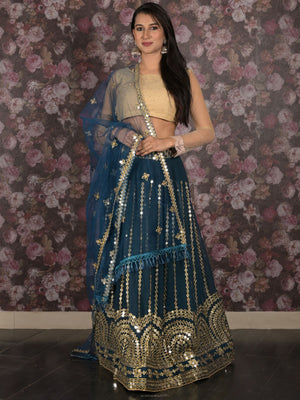 Rajwada Teal Faux Mirror Embroidered Georgette Semi-Stitched Lehenga with Unstitched Blouse for Women