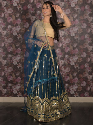 Rajwada Teal Faux Mirror Embroidered Georgette Semi-Stitched Lehenga with Unstitched Blouse for Women
