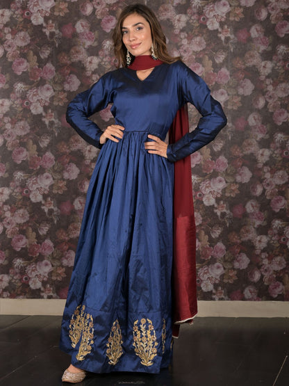 Rajwada Dark Blue Embroidered Stitched Flared Long Anarkali Gown With Dupatta For Women