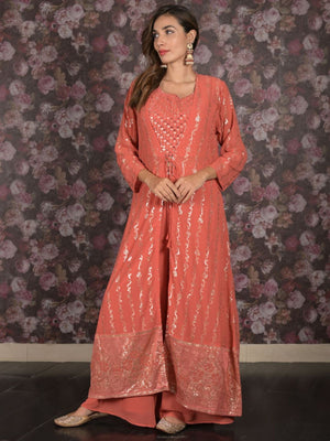 Rajwada Peach Sequins Embroidered Stitched Lehenga with Stitched Blouse And Shrug For Women
