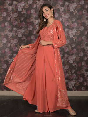 Rajwada Peach Sequins Embroidered Stitched Lehenga with Stitched Blouse And Shrug For Women