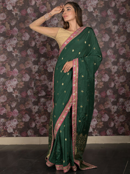 Rajwada Dark Green Embroidered Crepe Saree with Unstitched Blouse for Women
