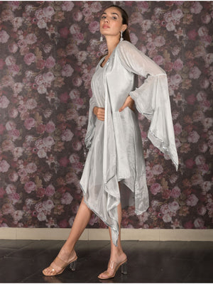 Rajwada Silver A-Line Patterned Indo Western Dress For Women