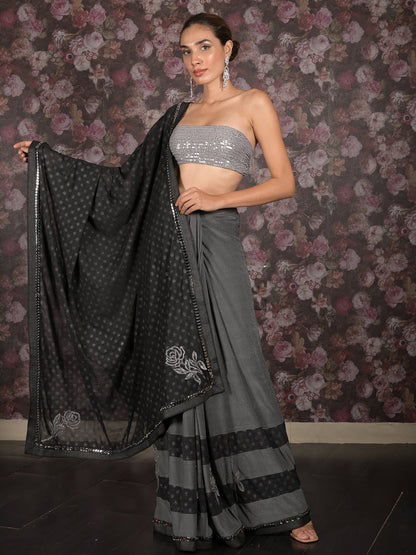 Rajwada Grey Embellished Lycra Saree with Unstitched Blouse for Women
