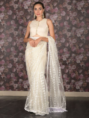 Rajwada White Sequins Embroidered Net Saree with Unstitched Blouse for Women