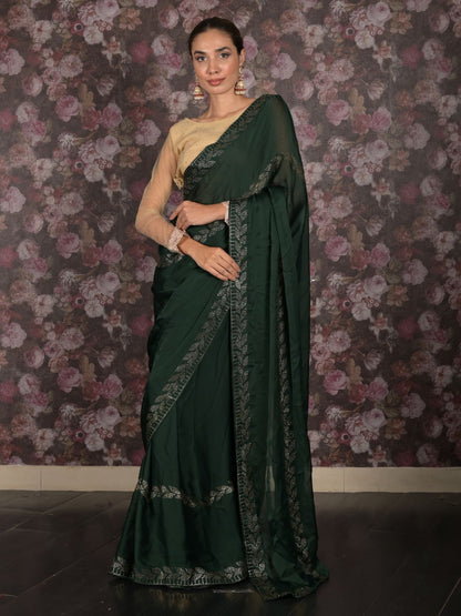 Rajwada Dark Green Satin Embellished Saree Without Blouse For Women