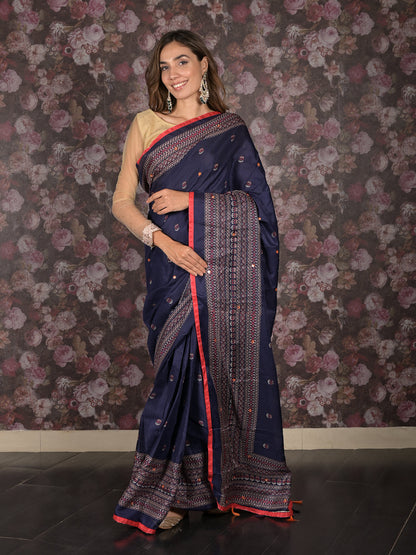 Rajwada Navy Blue Printed Cotton Blend Saree with Unstitched Blouse for Women