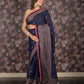 Rajwada Navy Blue Printed Cotton Blend Saree with Unstitched Blouse for Women