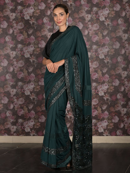Rajwada Dark Green Embellished Lycra Saree With Unstitched Blouse For Women