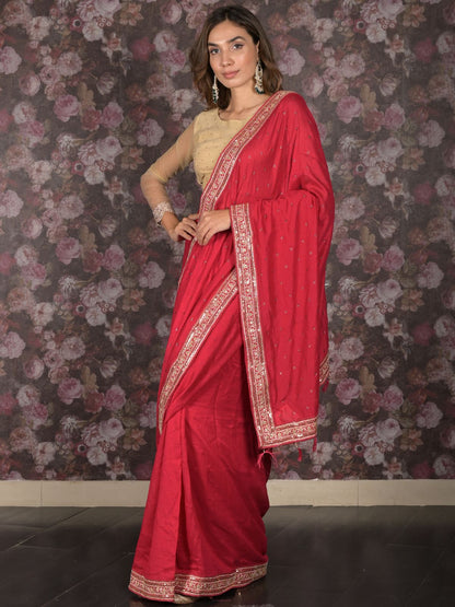 Rajwada Magenta Embroidered Crepe Saree With Unstitched Blouse For Women