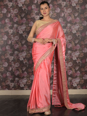 Rajwada Pink Embroidered Crepe Saree With Unstitched Blouse For Women