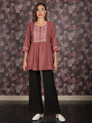 Rajwada Brown Flared Embroidered Stitched Kurta For Women