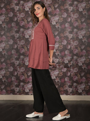 Rajwada Brown Flared Embroidered Stitched Kurta For Women