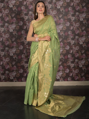 Rajwada Light Green Cotton Blend Woven Saree with Unstitched Blouse for Women