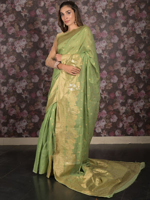 Rajwada Light Green Cotton Blend Woven Saree with Unstitched Blouse for Women