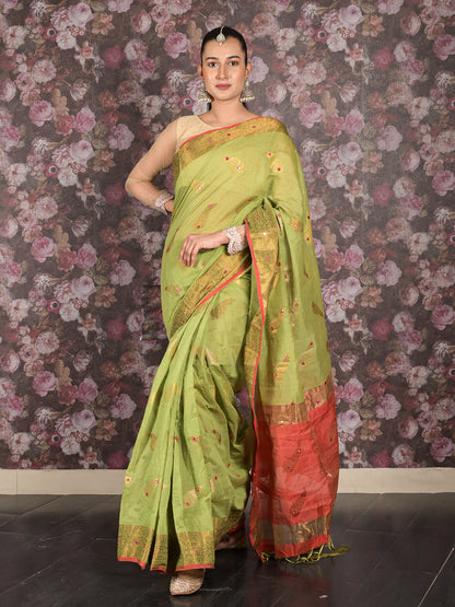 Rajwada Olive Green Woven Cotton Silk Blend Saree With Unstitched Blouse For Women