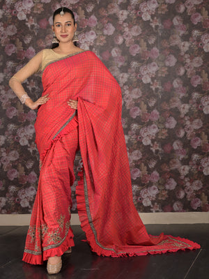 Rajwada Red Ruffled Polyester Saree Without Blouse For Women