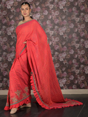 Rajwada Red Ruffled Polyester Saree Without Blouse For Women
