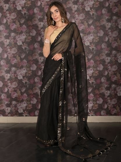 Rajwada Black Sequins Embroidered Poly Georgette Saree with Unstitched Blouse for Women