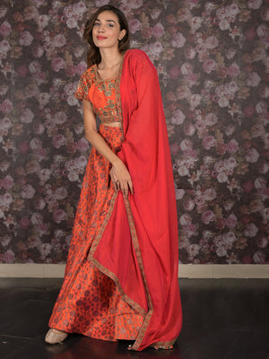 Rajwada Red And Orange Semi Stitched Embroidered Silk Blend Lehenga with Stitched Blouse And Dupatta For Women
