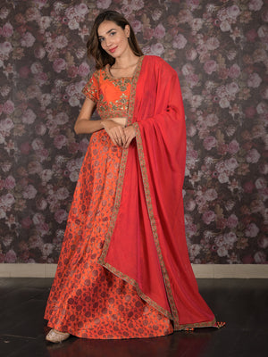 Rajwada Red And Orange Semi Stitched Embroidered Silk Blend Lehenga with Stitched Blouse And Dupatta For Women