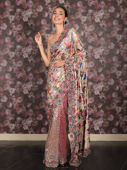 Rajwada Beige Net And Shimmer Half-Half Printed Saree With Unstitched Blouse For Women