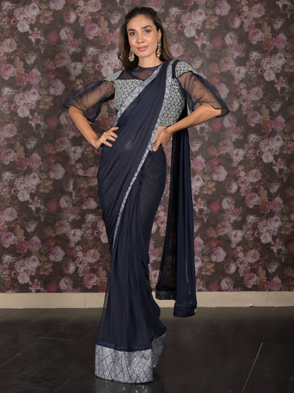 Rajwada Navy Blue Sequins and Zari Embroidered Ready-to-Wear Net Saree with Stitched Blouse for Women