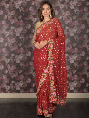 Rajwada Maroon Floral Embroidered Georgette Saree with Unstitched Blouse for Women