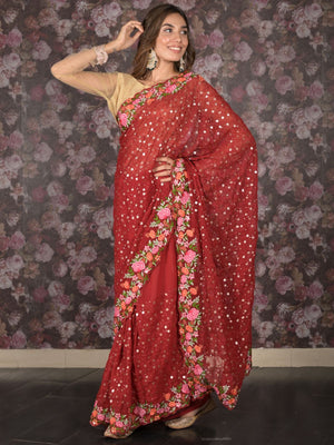 Rajwada Maroon Floral Embroidered Georgette Saree with Unstitched Blouse for Women