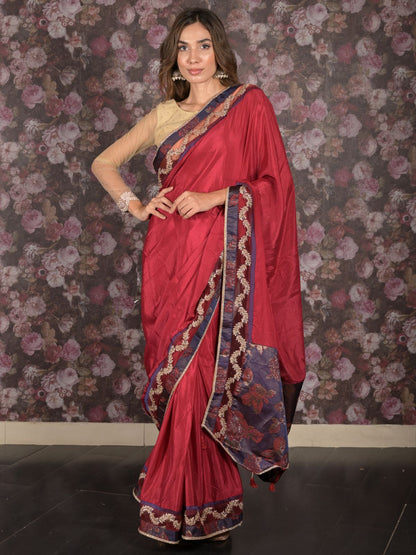 Rajwada Maroon Embroidered Crepe Saree with Unstitched Blouse for Women
