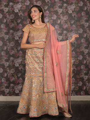 Rajwada Peach Embroidered Stitched Silk Blend Lehenga With Stitched Blouse For Women