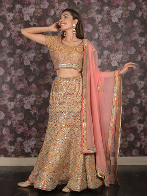 Rajwada Peach Embroidered Stitched Silk Blend Lehenga With Stitched Blouse For Women
