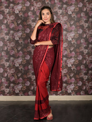 Rajwada Maroon Lycra Sequins Ready-to-Wear Saree with Stitched Blouse for Women