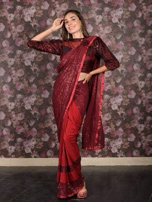 Rajwada Maroon Lycra Sequins Ready-to-Wear Saree with Stitched Blouse for Women