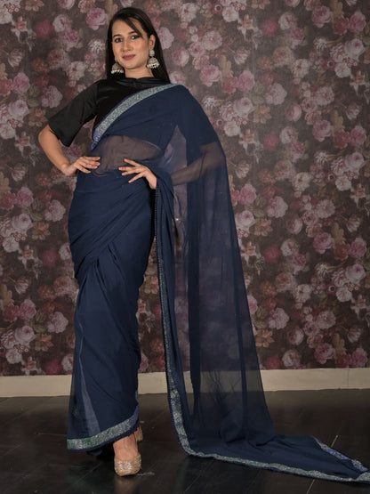 Rajwada Navy Blue Shimmer Lace Embellished Poly Georgette Saree with Unstitched Blouse for Women